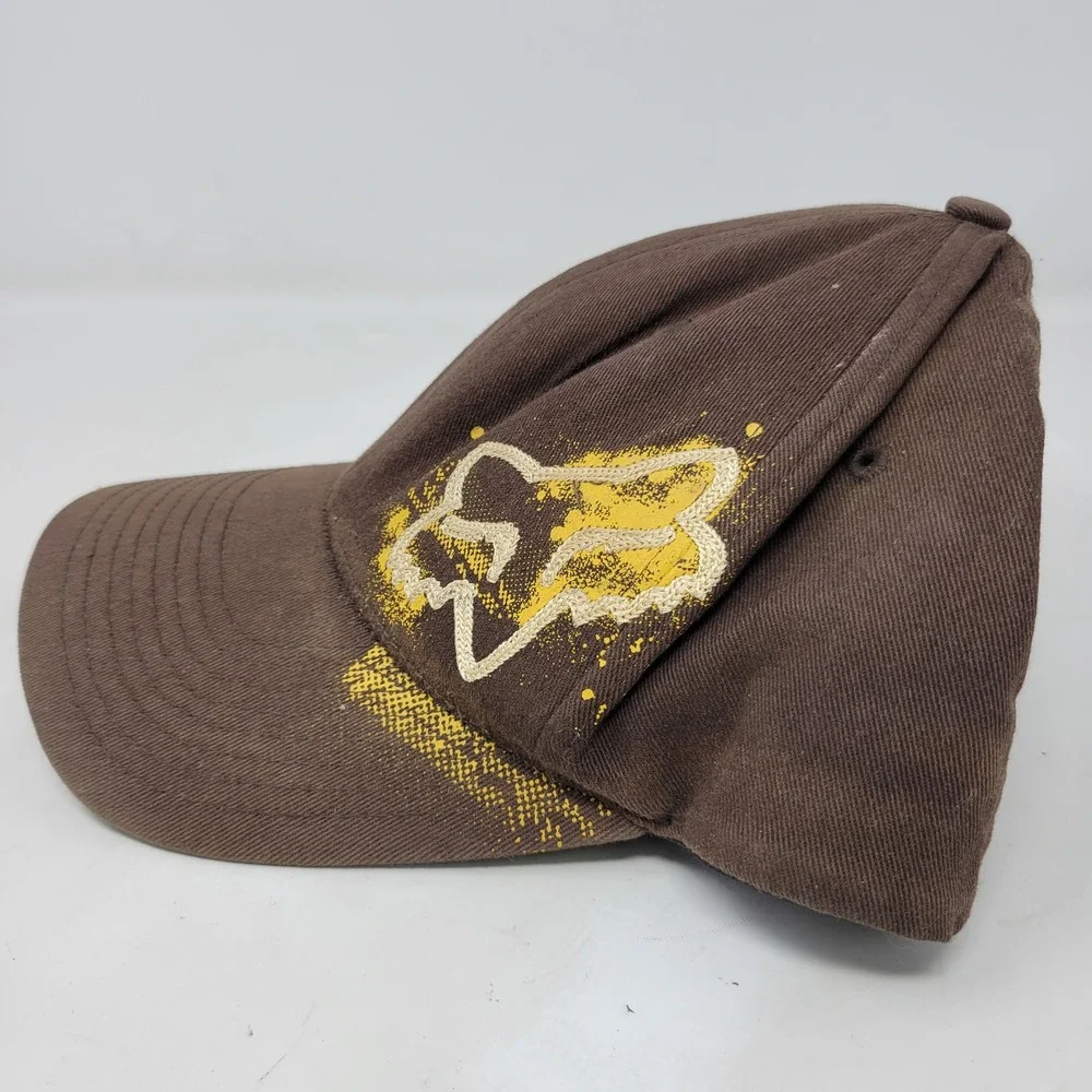 Fox Racing Flexfit Hat Brown Embroidered Logo Baseball Cap Mens S/M Distressed